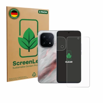 Vorderseite einer Produktverpackung mit dem Markenlogo ScreenLeaf. Daneben ist das Gerät Vivo iQOO 15 (Display+Kamera) mit dem