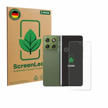 Vorderseite einer Produktverpackung mit dem Markenlogo ScreenLeaf. Daneben ist das Gerät Motorola Edge 70 (Display+Kamera) mit