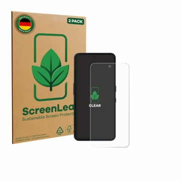 Vorderseite einer Produktverpackung mit dem Markenlogo ScreenLeaf. Daneben ist das Gerät Nothing Phone (3a) Lite mit dem zugeh