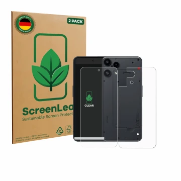 Vorderseite einer Produktverpackung mit dem Markenlogo ScreenLeaf. Daneben ist das Gerät Nothing Phone (3a) Lite (Display+Rück
