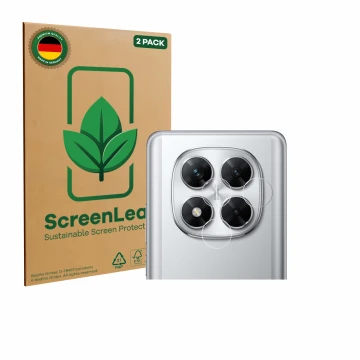 Vorderseite einer Produktverpackung mit dem Markenlogo ScreenLeaf. Daneben ist das Gerät Xiaomi Poco X7 (NUR Kameraschutz) mit