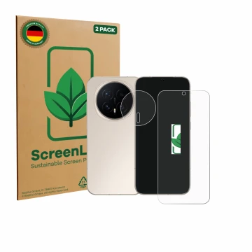 Vorderseite einer Produktverpackung mit dem Markenlogo ScreenLeaf. Daneben ist das Gerät Honor Magic 8 (Display+Kamera) mit de