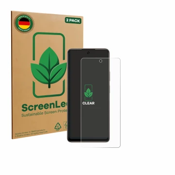 Vorderseite einer Produktverpackung mit dem Markenlogo ScreenLeaf. Daneben ist das Gerät Tecno Pova 7 mit dem zugehörigen Disp