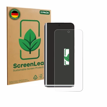 Vorderseite einer Produktverpackung mit dem Markenlogo ScreenLeaf. Daneben ist das Gerät Oppo Reno 14 mit dem zugehörigen Disp