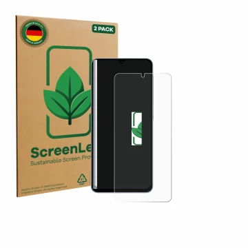 Vorderseite einer Produktverpackung mit dem Markenlogo ScreenLeaf. Daneben ist das Gerät Samsung Galaxy A07 mit dem zugehörige