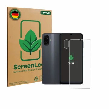 Vorderseite einer Produktverpackung mit dem Markenlogo ScreenLeaf. Daneben ist das Gerät Samsung Galaxy A07 (Display+Kamera) m