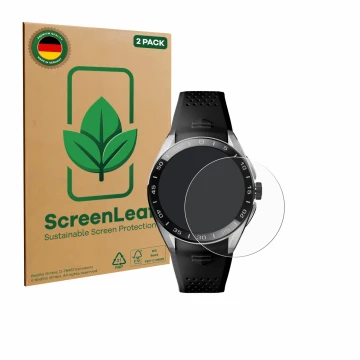 Vorderseite einer Produktverpackung mit dem Markenlogo ScreenLeaf. Daneben ist das Gerät TAG Heuer Connected Calibre E5 (45 mm