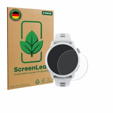 Vorderseite einer Produktverpackung mit dem Markenlogo ScreenLeaf. Daneben ist das Gerät Coros Pace 4 mit dem zugehörigen Disp