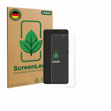 Vorderseite einer Produktverpackung mit dem Markenlogo ScreenLeaf. Daneben ist das Gerät Oppo Reno 12 FS mit dem zugehörigen D