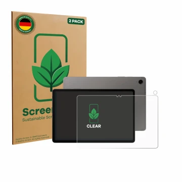 Vorderseite einer Produktverpackung mit dem Markenlogo ScreenLeaf. Daneben ist das Gerät Samsung Galaxy Tab S9 FE (Display+Kam