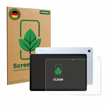 Vorderseite einer Produktverpackung mit dem Markenlogo ScreenLeaf. Daneben ist das Gerät Samsung Galaxy Tab S10 FE (Display+Ka