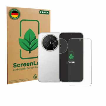 Vorderseite einer Produktverpackung mit dem Markenlogo ScreenLeaf. Daneben ist das Gerät Huawei Mate 70 Air (Display+Kamera) m