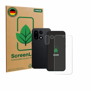 Vorderseite einer Produktverpackung mit dem Markenlogo ScreenLeaf. Daneben ist das Gerät OnePlus 15 (Display+Kamera) mit dem z