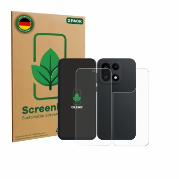 Vorderseite einer Produktverpackung mit dem Markenlogo ScreenLeaf. Daneben ist das Gerät OnePlus 15 (Display+Rückseite) mit de