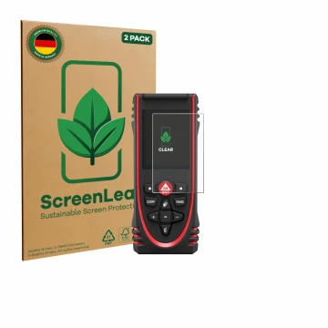 Vorderseite einer Produktverpackung mit dem Markenlogo ScreenLeaf. Daneben ist das Gerät Leica DISTO X3 mit dem zugehörigen Di
