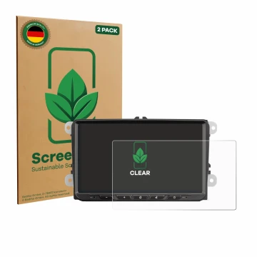 Vorderseite einer Produktverpackung mit dem Markenlogo ScreenLeaf. Daneben ist das Gerät Zenec Z-E2065 mit dem zugehörigen Dis