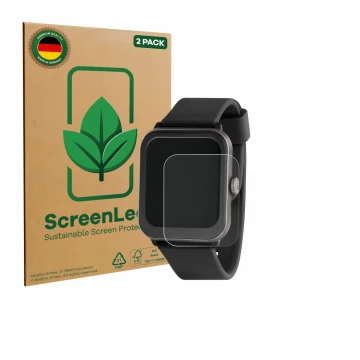 Vorderseite einer Produktverpackung mit dem Markenlogo ScreenLeaf. Daneben ist das Gerät Sector Smartwatch S-08 mit dem zugehö