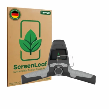 Vorderseite einer Produktverpackung mit dem Markenlogo ScreenLeaf. Daneben ist das Gerät PowaKaddy FW5s mit dem zugehörigen Di