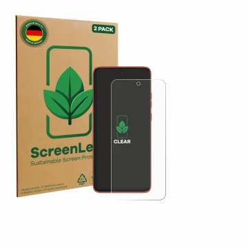 Vorderseite einer Produktverpackung mit dem Markenlogo ScreenLeaf. Daneben ist das Gerät Motorola Edge 60 Neo mit dem zugehöri