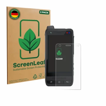 Vorderseite einer Produktverpackung mit dem Markenlogo ScreenLeaf. Daneben ist das Gerät Uniwa F400 mit dem zugehörigen Displa