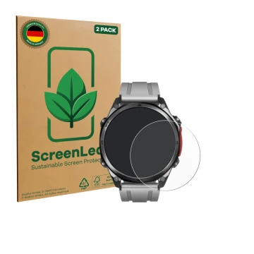 Vorderseite einer Produktverpackung mit dem Markenlogo ScreenLeaf. Daneben ist das Gerät Doogee Anywise W1 Pro mit dem zugehör