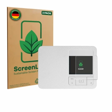 Vorderseite einer Produktverpackung mit dem Markenlogo ScreenLeaf. Daneben ist das Gerät Canon Selphy CP1500 Mini mit dem zuge