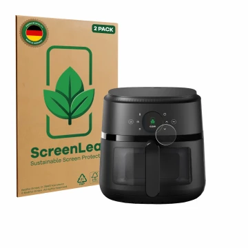 Vorderseite einer Produktverpackung mit dem Markenlogo ScreenLeaf. Daneben ist das Gerät Philips Airfryer 2000 Gen 2 6,2L mit 
