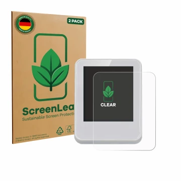 Vorderseite einer Produktverpackung mit dem Markenlogo ScreenLeaf. Daneben ist das Gerät Bresser ClimaTemp Digitales Raumtherm