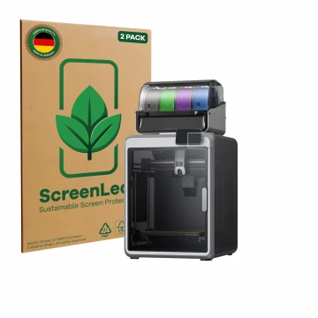 Vorderseite einer Produktverpackung mit dem Markenlogo ScreenLeaf. Daneben ist das Gerät Creality K2 mit dem zugehörigen Displ