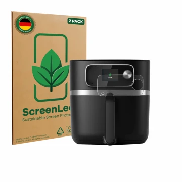 Vorderseite einer Produktverpackung mit dem Markenlogo ScreenLeaf. Daneben ist das Gerät Philips Airfryer HD9880/90 mit dem zu
