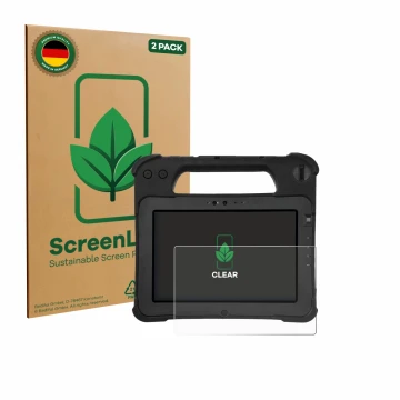 Vorderseite einer Produktverpackung mit dem Markenlogo ScreenLeaf. Daneben ist das Gerät Zebra XPad L10ax mit dem zugehörigen 