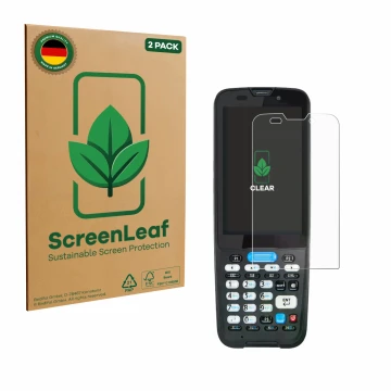 Vorderseite einer Produktverpackung mit dem Markenlogo ScreenLeaf. Daneben ist das Gerät Unitech HT330 mit dem zugehörigen Dis