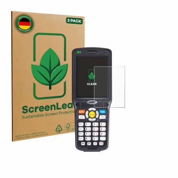 Vorderseite einer Produktverpackung mit dem Markenlogo ScreenLeaf. Daneben ist das Gerät Unitech HT510 mit dem zugehörigen Dis