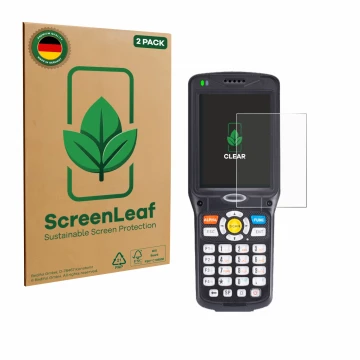 Vorderseite einer Produktverpackung mit dem Markenlogo ScreenLeaf. Daneben ist das Gerät Unitech HT510A mit dem zugehörigen Di