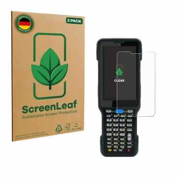 Vorderseite einer Produktverpackung mit dem Markenlogo ScreenLeaf. Daneben ist das Gerät Unitech HT730 mit dem zugehörigen Dis
