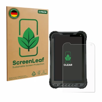 Vorderseite einer Produktverpackung mit dem Markenlogo ScreenLeaf. Daneben ist das Gerät Unitech TB85 mit dem zugehörigen Disp