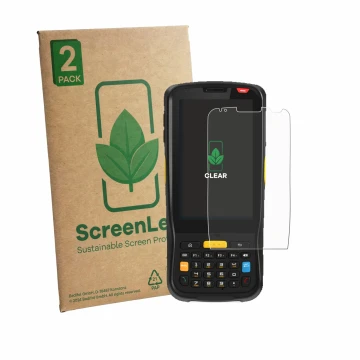 Vorderseite einer Produktverpackung mit dem Markenlogo ScreenLeaf. Daneben ist das Gerät Newland MT65 Beluga V mit dem zugehör