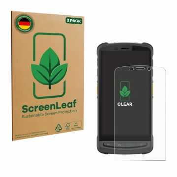Vorderseite einer Produktverpackung mit dem Markenlogo ScreenLeaf. Daneben ist das Gerät Newland MT9055 Orca III mit dem zugeh