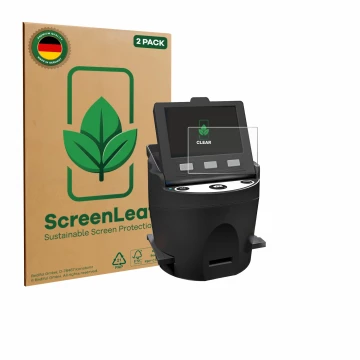 Vorderseite einer Produktverpackung mit dem Markenlogo ScreenLeaf. Daneben ist das Gerät Kodak SCANZA mit dem zugehörigen Disp