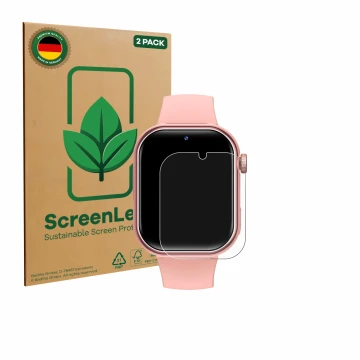 Vorderseite einer Produktverpackung mit dem Markenlogo ScreenLeaf. Daneben ist das Gerät Naixues Kids Smartwatch GPS mit dem z