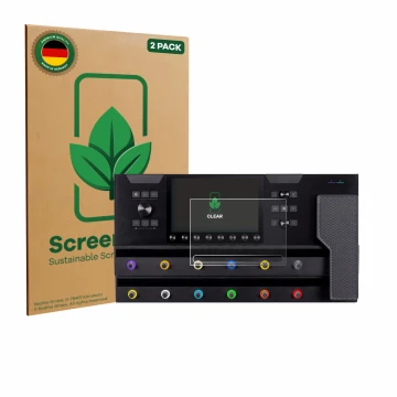 Vorderseite einer Produktverpackung mit dem Markenlogo ScreenLeaf. Daneben ist das Gerät Line 6 Helix Stadium XL mit dem zugeh