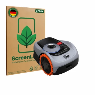 Vorderseite einer Produktverpackung mit dem Markenlogo ScreenLeaf. Daneben ist das Gerät Navimow i105E+ mit dem zugehörigen Di