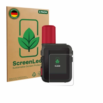 Vorderseite einer Produktverpackung mit dem Markenlogo ScreenLeaf. Daneben ist das Gerät Garmin inReach Mini 3 Plus mit dem zu