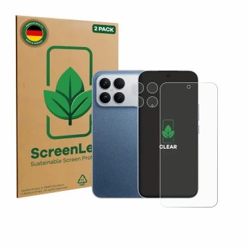 Vorderseite einer Produktverpackung mit dem Markenlogo ScreenLeaf. Daneben ist das Gerät Xiaomi Poco F8 Ultra (Display+Kamera)