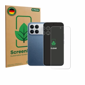 Vorderseite einer Produktverpackung mit dem Markenlogo ScreenLeaf. Daneben ist das Gerät Xiaomi Poco F8 Ultra 5G (Display+Kame