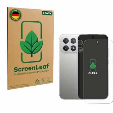 Vorderseite einer Produktverpackung mit dem Markenlogo ScreenLeaf. Daneben ist das Gerät Xiaomi Poco F8 Pro (Display+Kamera) m