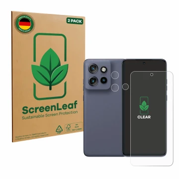 Vorderseite einer Produktverpackung mit dem Markenlogo ScreenLeaf. Daneben ist das Gerät Motorola Edge 60 Neo (Display+Kamera)