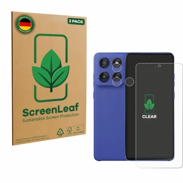 Vorderseite einer Produktverpackung mit dem Markenlogo ScreenLeaf. Daneben ist das Gerät Motorola Edge 60 Stylus (Display+Kame