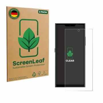 Vorderseite einer Produktverpackung mit dem Markenlogo ScreenLeaf. Daneben ist das Gerät Jolla Phone mit dem zugehörigen Displ