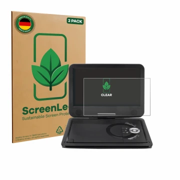 Vorderseite einer Produktverpackung mit dem Markenlogo ScreenLeaf. Daneben ist das Gerät Soundmaster PDB1910SW DVD Player mit 
